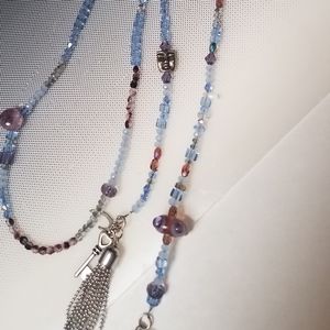Breaking waves necklacelariat crystals sky blue pinks violets blown beads silver